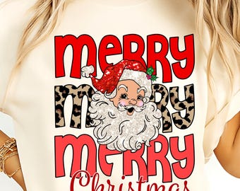 Retro kerstman, png, glitter pailletten, luipaardprint, sublimatie vrolijk kerstfeest, kerstshirt