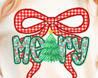 Vrolijk kerstfeest strik, png, ginganglint bloemen vrolijk boomontwerp voor vakantieshirts