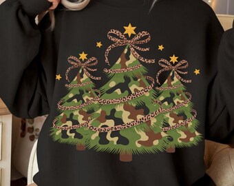 Girly Camo Christmas Tree PNG, Leopard Bow Coquette Holiday Design, Trendy Xmas Clipart