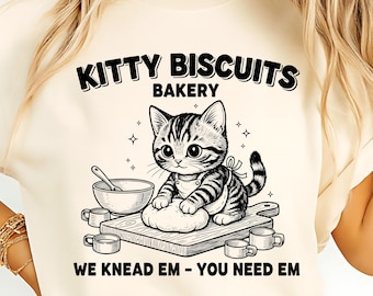 Kitty Biscuits Bakery PNG-sublimatieontwerp, grappig kattencitaat, zwart-wit