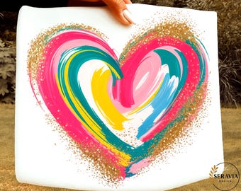 Colorful Brushstroke Heart PNG Valentine Sublimation Design, Glitter Coquette Love Art