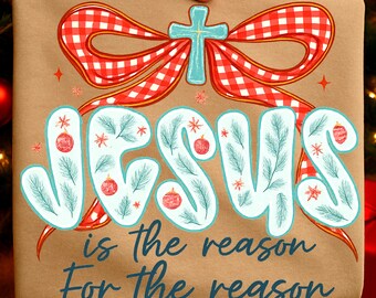 Jesus Christmas, png, coquette rode strik, christelijk feest, grenen bloemen, geruit kruis, preppy ontwerp