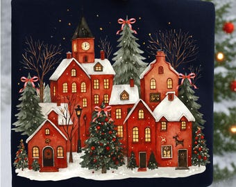 Watercolor Christmas Village PNG, Winter Houses Scene Printable Holiday Design Clipart