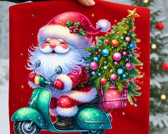 Santa Scooter PNG Sublimation Design, Father Christmas Riding Scooter Holiday Clipart