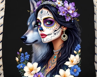 Dag van de Dode Vrouw met wolf PNG-sublimatieontwerp, gotische bloemensuikerschedelkunst, fantasie