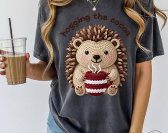 Hogging the Cocoa PNG Sublimation Design, Cozy Crochet Hedgehog Digital File for Mug Shirt Tumbler