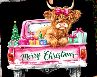 Pink Christmas Highland Cow PNG, Farmhouse Truck Design (Digital Download)