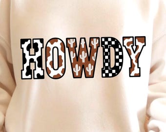 Howdy western png-bestand, koeprint cactusdambordletterontwerp voor country- en cowgirl-shirts