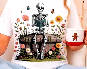 Skelet lezen PNG, bloemen gotisch sublimatieontwerp boekenliefhebber voor shirts en handwerk