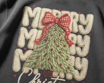 Coquette Christmas Tree Bow PNG, Faux Crochet Yarn, Merry Preppy, Viral Trendy Shirt, Embroidery