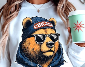 Chicago Bear PNG-sublimatieontwerp, urban Bear met zonnebril digitaal bestand