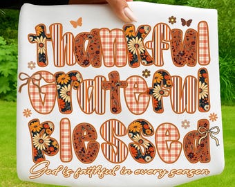 Dankbaar dankbaar gezegend png-sublimatieontwerp, retro herfst bloemen christelijk citaat