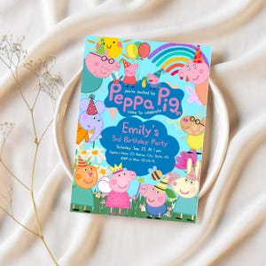 May include: A colorful invitation for Emily's 3rd birthday party, featuring Peppa Pig characters. The invitation includes the text "you're invited by Peppa Pig, come to celebrate." Details include the date, time, and location.