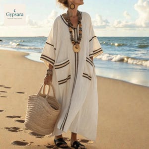 Abito lungo caftano - Copricostume da spiaggia in garza di cotone azzurro - Tanti colori - Italia Abito lungo caftano - Copricostume da spiaggia in garza di cotone azzurro - Tanti colori - Italia