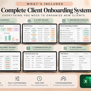 May include: A digital client onboarding system displayed on six laptop screens, featuring an editable Excel template. The interface includes a dashboard, client tracker, onboarding checklist, document tracker, communication log, and task library.
