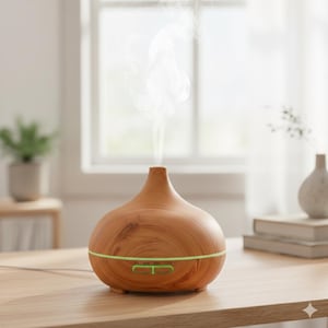 Peut inclure: Diffuseur d'huiles essentielles imitation bois avec une bande lumineuse verte et un panneau de boutons. Le diffuseur émet de la vapeur blanche. Le produit est sur une table en bois dans une pièce lumineuse.