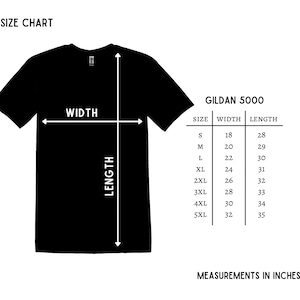 May include: Black t-shirt with a size chart and measurements in inches. The chart lists sizes S to 5XL, with corresponding width and length measurements. The text "GILDAN 5000" is also visible.