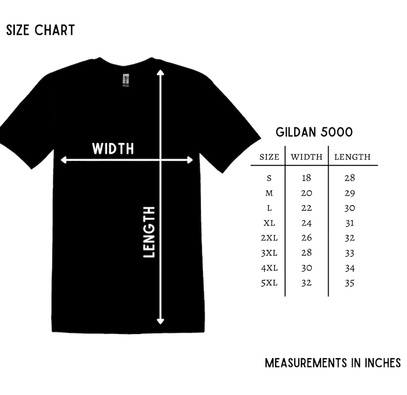 May include: Black t-shirt with a size chart and measurements in inches. The chart lists sizes S to 5XL, with corresponding width and length measurements. The text "GILDAN 5000" is also visible.