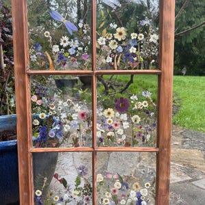 Peut inclure: Un cadre de fenêtre en bois avec six carreaux remplis de fleurs séchées de différentes couleurs. Les fleurs comprennent des marguerites blanches, des fleurs violettes, jaunes et bleues. Le cadre a une finition marron rustique, avec un arrière-plan flou.
