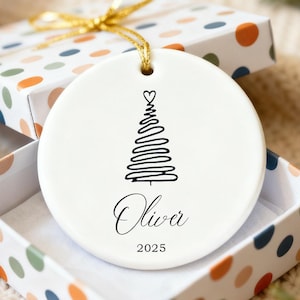Personalized Minimalist Christmas Ornament With Name And Year 2025, Modern Scribble Tree Keepsake, Custom Holiday Gift, Simple Tree Decor