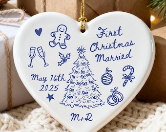 First Christmas Married Ornament, Mr And Mrs Ornament, Personalized Married Gift For Newlywed Couple, Custom Wedding Date Ornament Doodle
