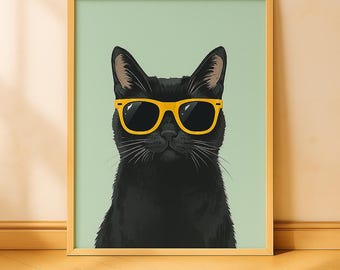Cool Cat Wall Art | Retro Minimalist Black Cat Print | Summer Aesthetic Animal Poster | Instant Download Digital Print | Cool Vibes Decor