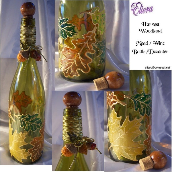 Harvest Woodland Decorated Mead / Wine Bottle, Decanter -  S&H Included