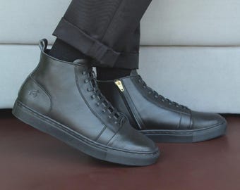 Men's Vecko Boots Black Leather Sneakers High Top Zipper Ankle Shoes