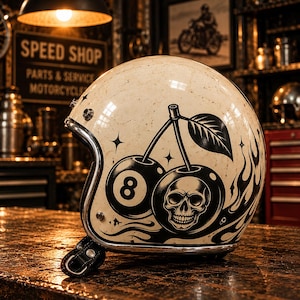 Può includere: Un casco da moto color bianco sporco con finitura maculata, caratterizzato da una grafica nera di due ciliegie. Una ciliegia è una palla numero otto, l'altra è un teschio. Il design include fiamme nere, piccole stelle e un bordo argentato.