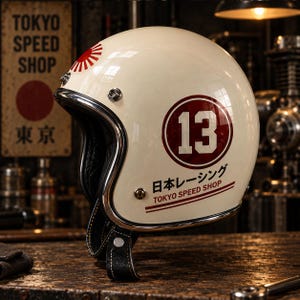 Può includere: Un casco da moto aperto color crema con una grafica del sole rosso sulla parte superiore, un grande cerchio bordeaux con il numero 13 sul lato e la scritta "日本レーシング TOKYO SPEED SHOP" accompagnata da due linee rosse orizzontali.