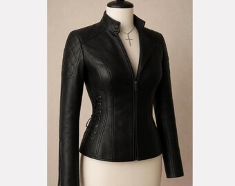 レディース ブラックレザーキルティングジャケット - フィットバイカー