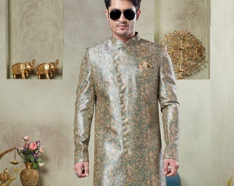 Men’s Embroidered Sherwani Set, Designer Indian Wedding Sherwani for Groom, Traditional Festive Outfit