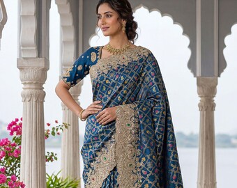 Blue Bridal Banarasi Silk Heavy Embroidered Designer Saree For Indian Wedding & Festive Party Wear