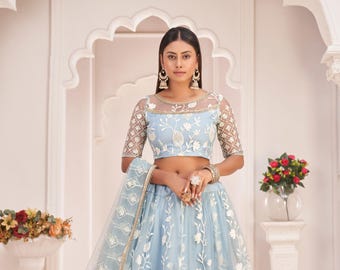 Sky Blue Embroidered Lehenga Choli Set, Floral Bridal Wedding Reception Outfit