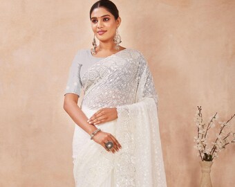 Off White Georgette Heavy Resham & Sequins Embroidery Work For Indian Wedding Designer Saree