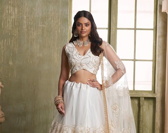 Elegant White Ivory Gold Embroidered Bridal Lehenga For Indian Wedding Bridal & Festival Outfit