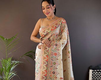 Off white Kashmiri Pashmina Seide Saree, Dreifach Zari Arbeit, Designer Outfit