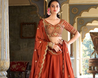 Rust Orange Rangoli Silk Embroidered, Sequence Work for Indian Wedding & Festival Wear