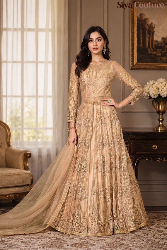 engagement anarkali dress Champagne Gold Soft Net Embroidered Gown for Indian Pakistani Wedding & Party Outfit Sheer bodycon midi dress MariahDress Embroidery georgette Embroidery Shoe Size:US12/UK11/EU45