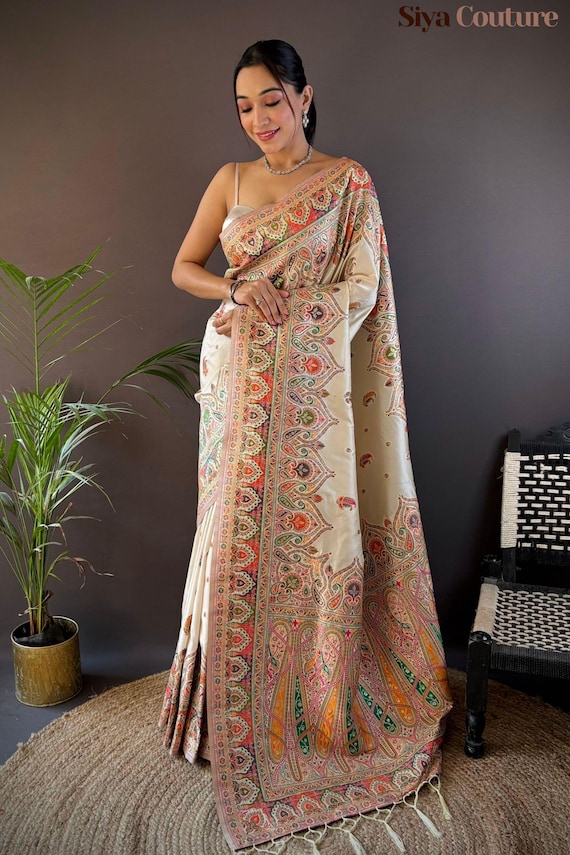 Off White Kashmiri Pashmina Silk Saree, Triple Zari Work, Designer Outfit