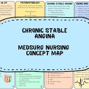 Peut inclure: Une carte conceptuelle médicale sur l'angine de poitrine stable chronique, détaillant les causes, les symptômes et les soins infirmiers. Le diagramme comprend du texte, des schémas et une section sur les soins aux patients, axée sur l'éducation médicale.