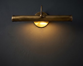 Mid Century Modern Brass Picture Light, Antique Raw Brass Art Lighting, Minimalist Gallery Light, Hardwired or Plug In Wall Sconce