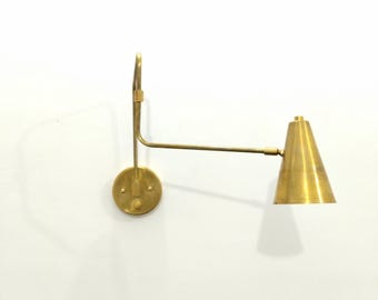 Mid Century Modern Brass Wall Sconce, Adjustable Swing Arm Wall Light, Vintage Bedside Reading Lamp, Solid Brass Fixture