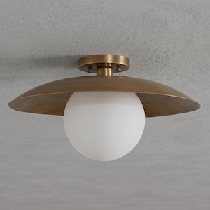 Mid Century Modern Brass Flush Mount Ceiling Light, Globe Fixture, Minimalist Semi Flush Lighting, Scandinavian Kitchen Bedroom Lamp