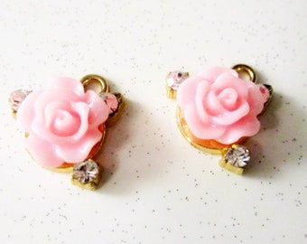 4 Gold Plated Pink Rose Rhinestone Charms, 15x13mm, Jewelry Making Supplies,  Flower Charm, Charms   g1360