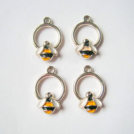 4 Light Golden Circle Enamel Bee Charms, 19x12mm, Jewelry Making