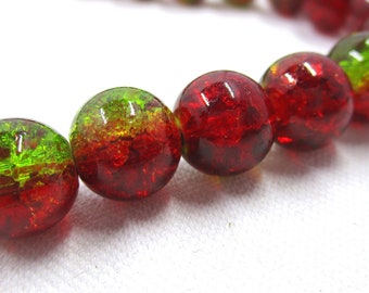 Red Green Beads Crack Glass, Pack of 20 Beads, 10mm, Jewelry Making Supplies   10mmbox3