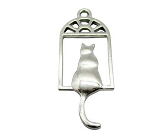 8 Cat in Window Silver Tone Charms, 33x13mm Cat Charms, Jewelry Making Supplies  G1863