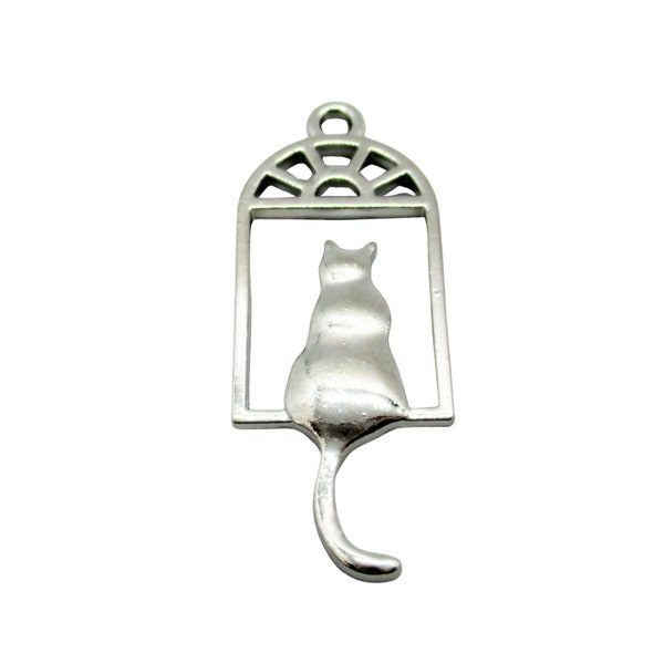 8 Cat in Window Silver Tone Charms, 33x13mm Cat Charms, Jewelry Making Supplies  G1863