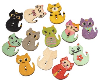 Mixed Cat Wood Buttons, 2.2x3cm Cat Buttons, Craft Supplies, Fasteners  (WBox4)